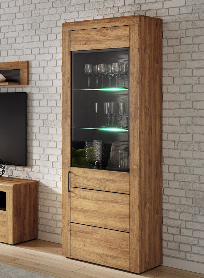 Delmar Tall Oak Effect 1 Door Display Cabinet Furniture 2U Direct
