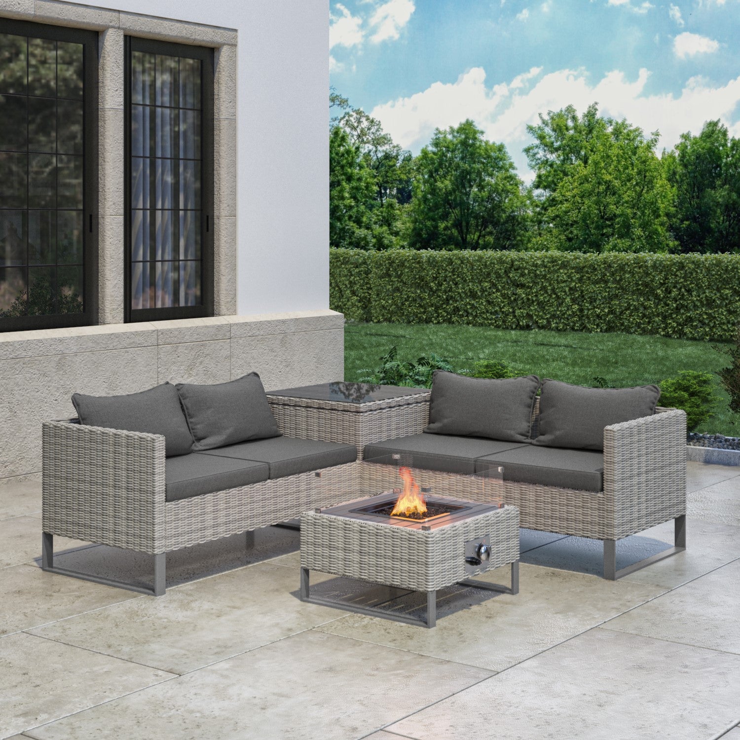 Corner garden furniture store with fire pit