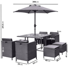 Load image into Gallery viewer, 8 Seater Charcoal Rattan Cube Garden Dining Set with Parasol
