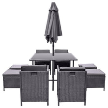 Load image into Gallery viewer, 8 Seater Charcoal Rattan Cube Garden Dining Set with Parasol
