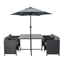 Load image into Gallery viewer, 4 Seater Charcoal Rattan Cube Garden Dining Set with Parasol
