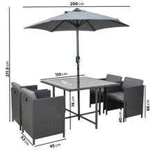 Load image into Gallery viewer, 4 Seater Charcoal Rattan Cube Garden Dining Set with Parasol
