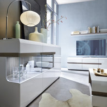 Load image into Gallery viewer, Chelsea Living 3 Door Glazed Sideboard in white with an Truffle Oak Trim
