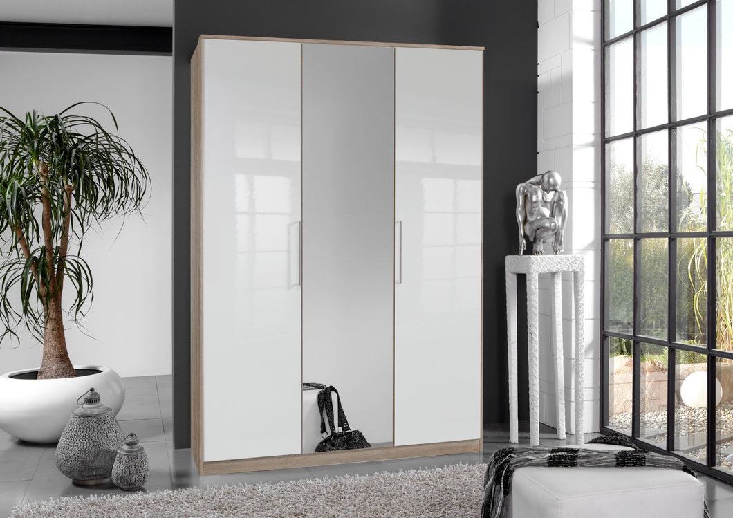 Alpine White Gloss And Oak Effect 3 Door Wardrobe