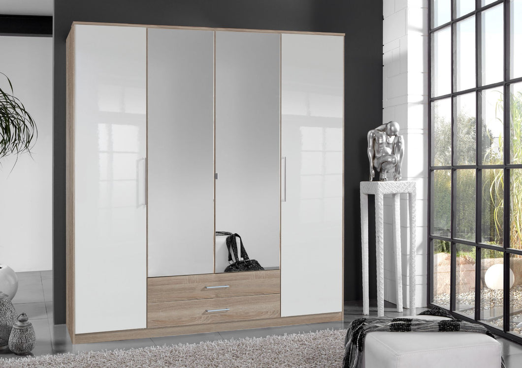 Alpine White Gloss and Oak Effect 4 Door Wardrobe