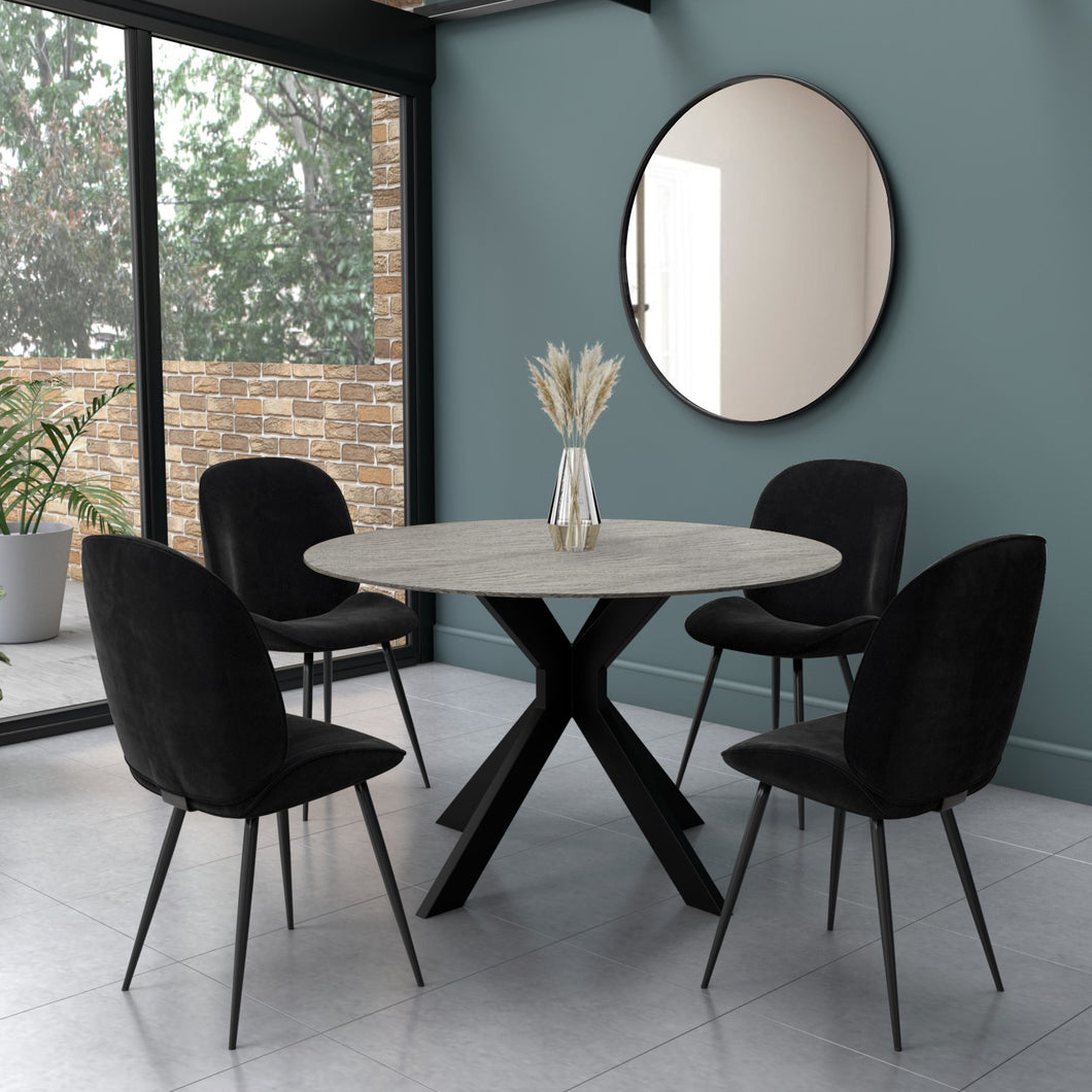 Round Grey Drop Leaf Dining Table with 4 Black Velvet Dining