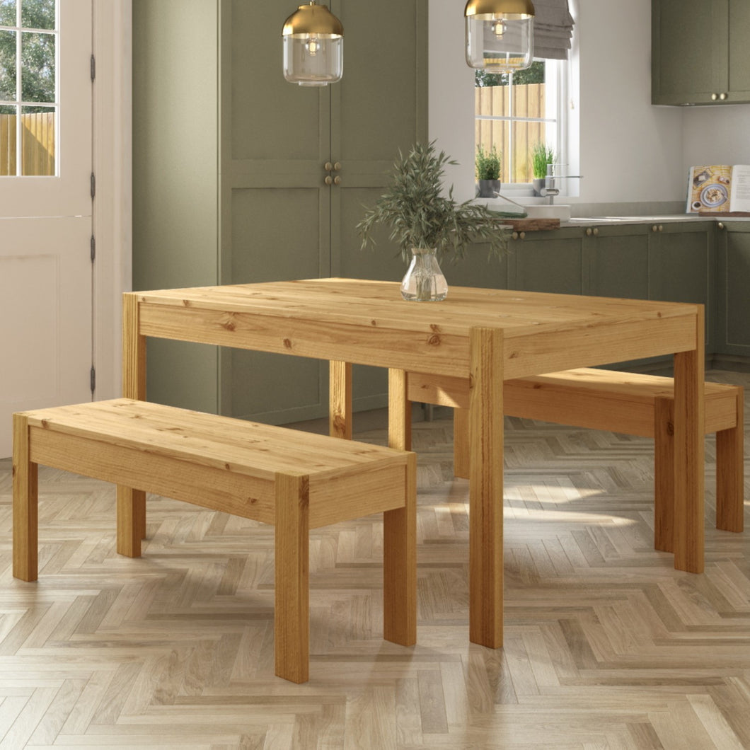 Solid Pine Dining Set with 2 Dining Benches - Seats 4