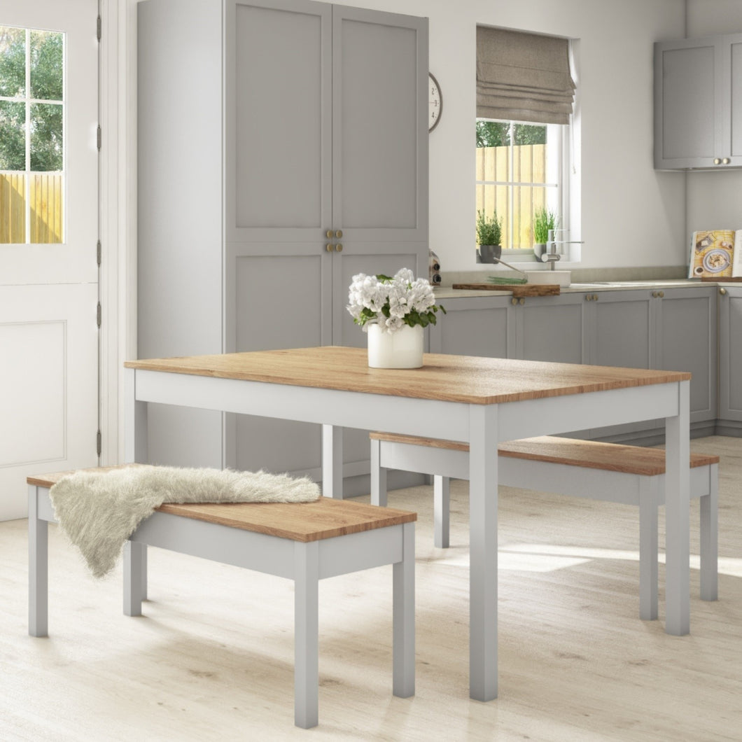 Grey and Solid Pine Dining Set with 2 Dining Benches