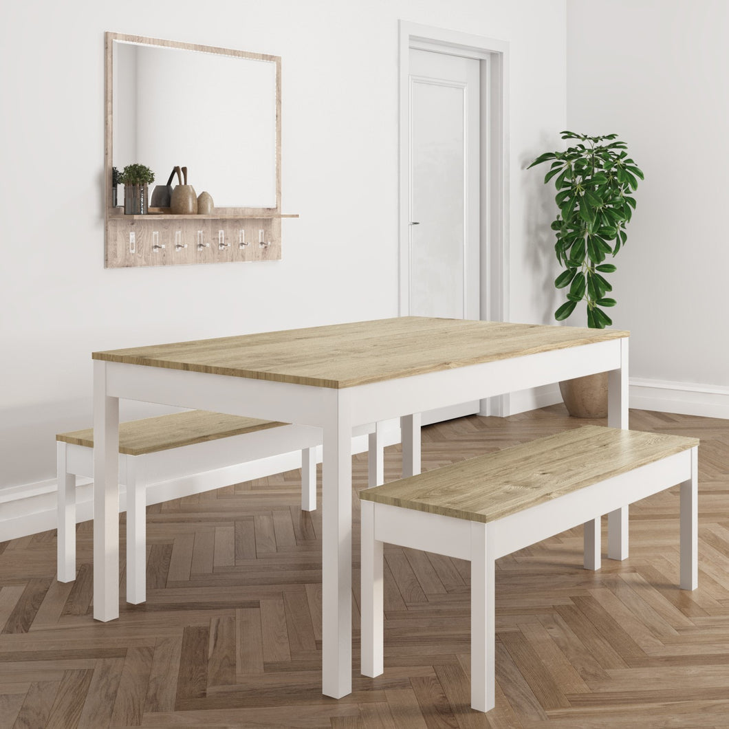 Pine & White Dining Table with 2 Dining Benches - Seats 4