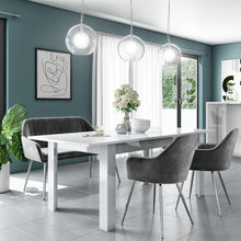Load image into Gallery viewer, White Gloss Extending Dining Table with 2 Grey Velvet Dining Chairs &amp; Matching Dining Bench with Back
