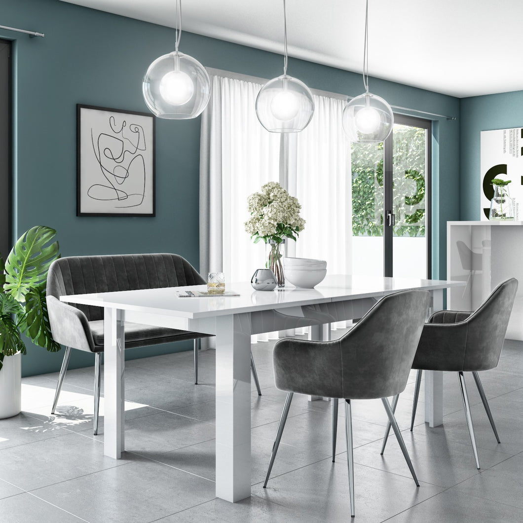White Gloss Extending Dining Table with 2 Grey Velvet Dining Chairs & Matching Dining Bench with Back