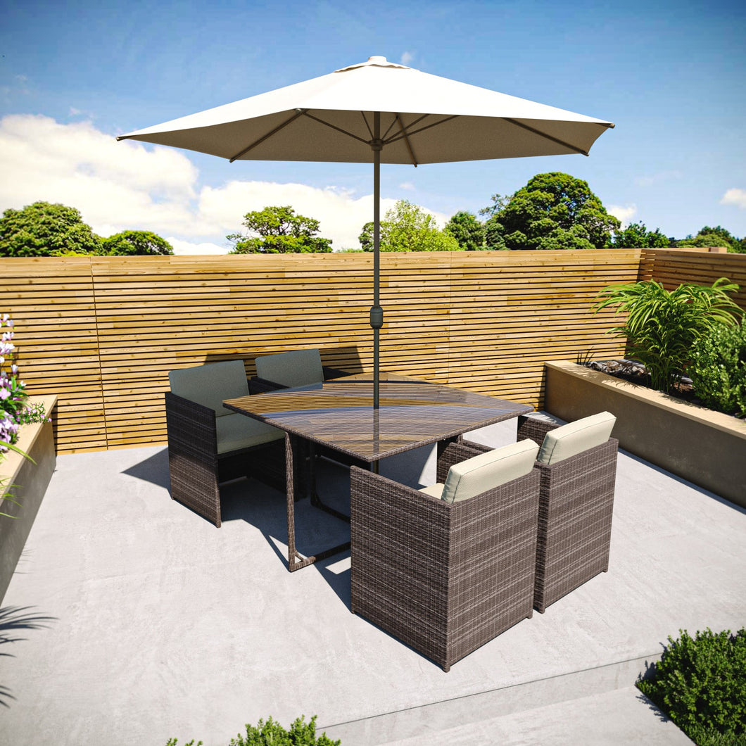 Brown Rattan Cube Garden Dining Set - 4 Seater - Parasol Included