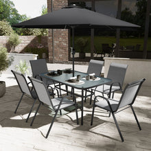 Load image into Gallery viewer, 6 Seater Grey Metal Stackable Garden Dining Set with Parasol and Base
