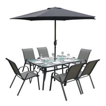 Load image into Gallery viewer, 6 Seater Grey Metal Stackable Garden Dining Set with Parasol and Base
