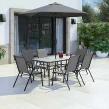 Load image into Gallery viewer, 6 Seater Grey Metal Stackable Garden Dining Set with Parasol and Base
