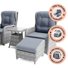 Load image into Gallery viewer, Dark Grey Rattan Reclining Sun Lounger Set with Table and Footstools
