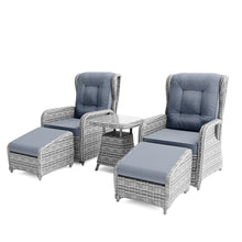 Load image into Gallery viewer, Dark Grey Rattan Reclining Sun Lounger Set with Table and Footstools
