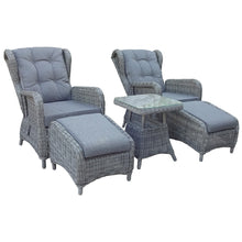 Load image into Gallery viewer, Dark Grey Rattan Reclining Sun Lounger Set with Table and Footstools
