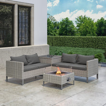 Load image into Gallery viewer, Grey Rattan Garden Corner Sofa Set with Storage and Fire Pit Table
