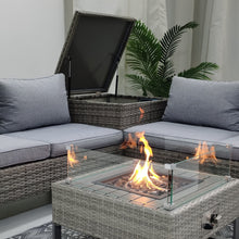 Load image into Gallery viewer, Grey Rattan Garden Corner Sofa Set with Storage and Fire Pit Table
