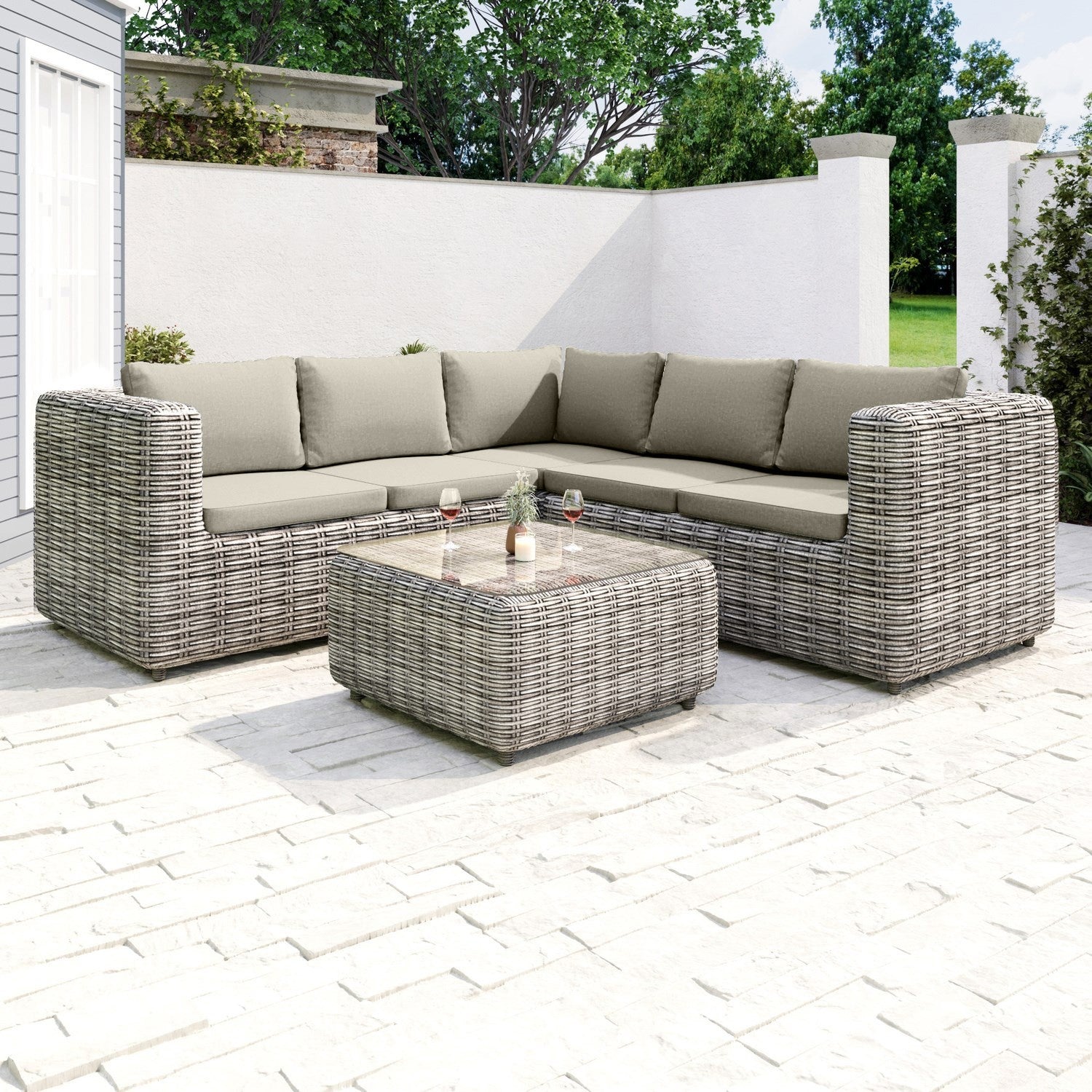 6 Seater Beige Rattan Corner Sofa Set Furniture 2U Direct