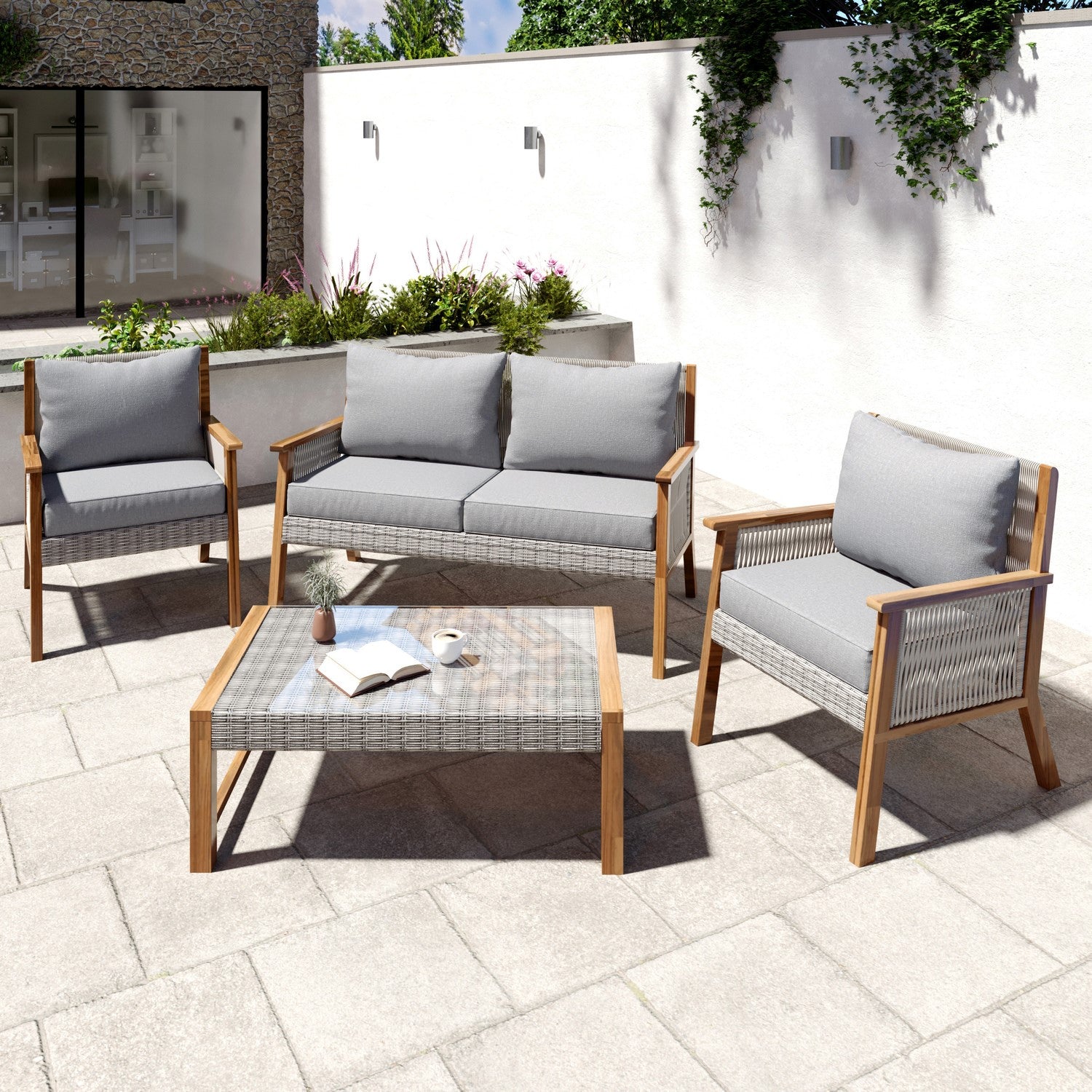 4 Seater Grey Rattan Garden Sofa Set with Wooden Frame